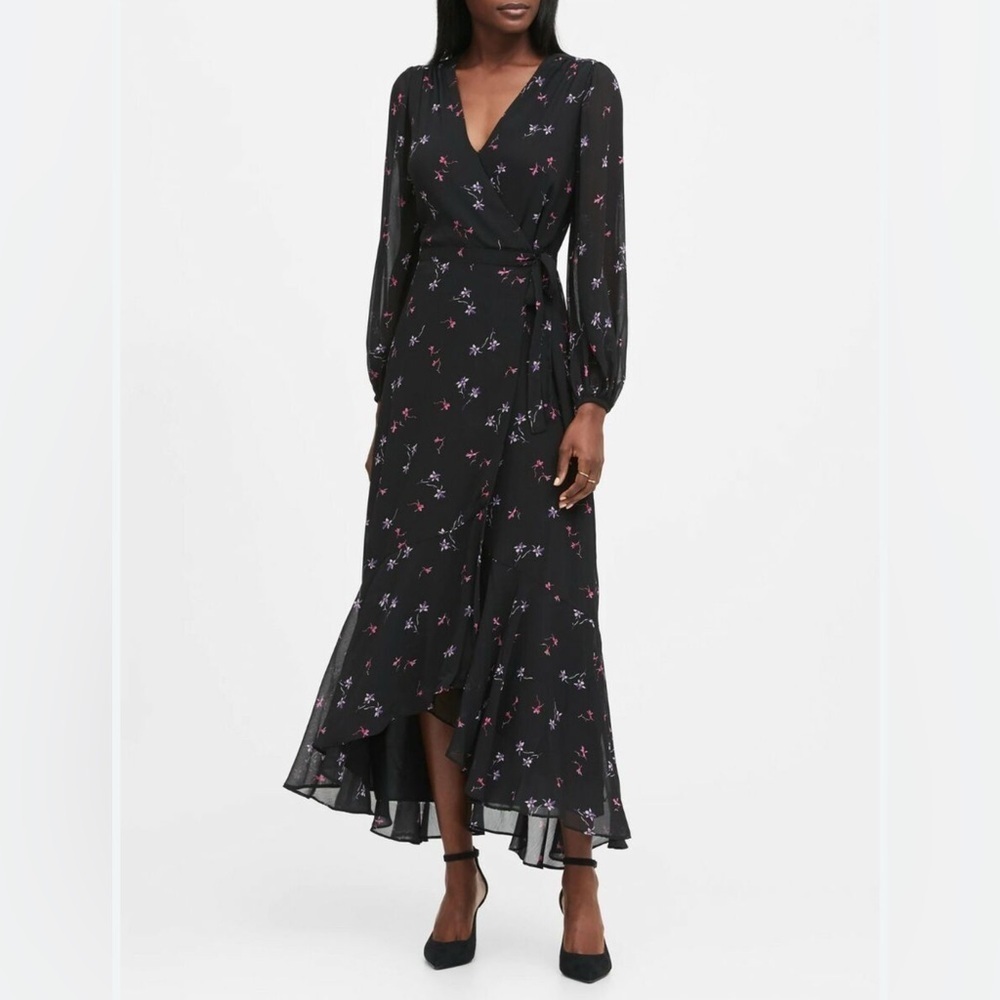 BANANA REPUBLIC Sz 8 Floral Faux Wrap Maxi Dress Ruffle Balloon Sleeve Sheer